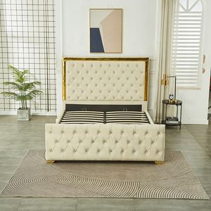 モダンラグジュアリーベッド ゴールデンミラービーム ベルベット生地張り キングサイズ ガスリフト オットマン収納ベッドフレーム - Product Image 5