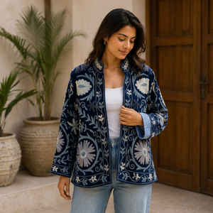 Rajasthani Textile Velvet Sujani Art Hand Embroidered Floral Pattern Open Front <b>Reversible</b> Boho Chic Thick Winter <b>Jacket</b> Zipper - Product Image 1