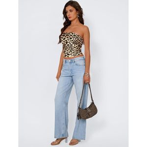 Haut court bandeau sans bretelles imprimé léopard pour femme, en maille extensible respirante en Spandex et Polyester, longueur courte, idéal pour l'été - Product Image 5