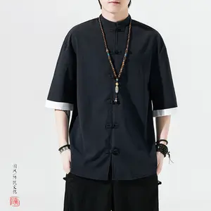 2022 Mannen Chinese Stijl Hanfu Shirt Heren Tops Tang Pak Linnen Effen Traditionele Kung Fu Shirts Mannelijke Katoen Kimono Shirts m-5XL