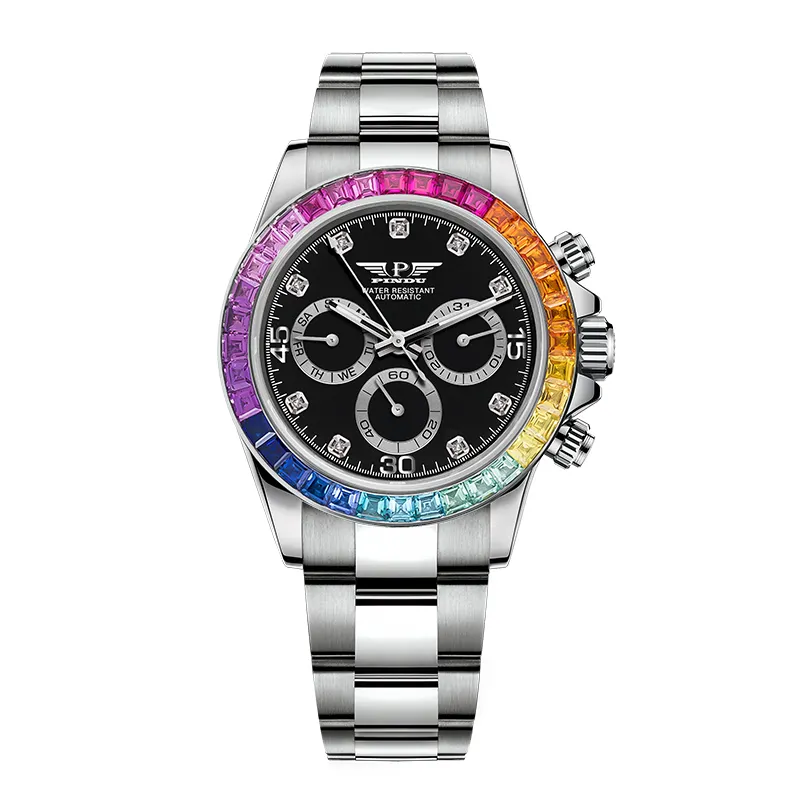 PDU-reloj mecánico de lujo para hombre, con diseño de arcoíris, a la moda, con fecha de acero, funda de diamante multifuncional, Dial de diamante automático