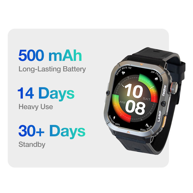 AGM W3 Reloj Square AMOLED Smartwatch 1.95 Inch IP68 Waterproof Rugged Sports Smart Watch with Flashlight for Men and Women