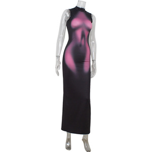 L1057-2026 Nuovi Arrivi Abito Lungo Aderente Senza Maniche Stampato in 3D Elasticizzato per Donne - Product Image 6