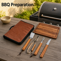 Ensemble de barbecue portable 5 pièces avec planche à découper en bois d'acacia, couteau à découper et fourchette en acier inoxydable pour barbecue au charbon de bois en extérieur