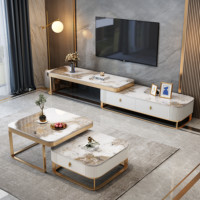 Table de canapé de salon moderne de luxe et support de télévision cadre en acier inoxydable doré avec comptoir en pierre artificielle frittée