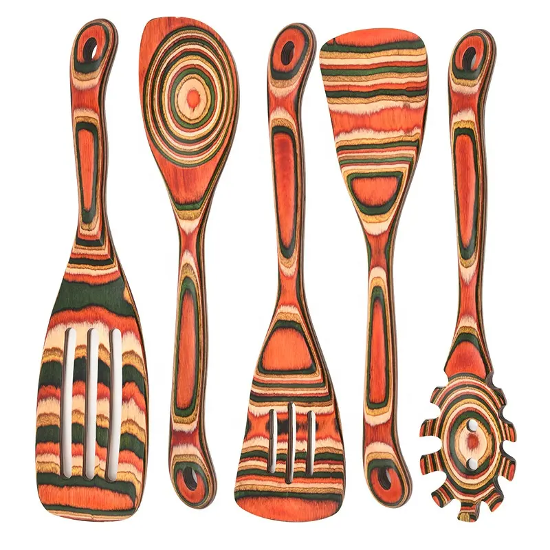 Set peralatan memasak sendok garpu kayu padat, alat masak Salad melayani peralatan masak kayu Pakka berwarna