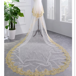 ROMANTIQUE <span class=keywords><strong>Or</strong></span> Femmes Mariée Dentelle Appliques Longue Cathédrale Deux Couches Voile De Mariage - Product Image 1