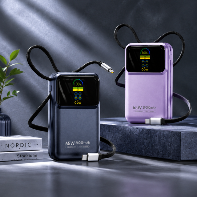 20000mAh Power Bank 65W PD Charging USB-C Travel Portable Charger External Battery Built-in Cable Design Lightweight Power Bank