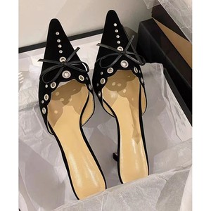 Faux Suede Bow Hollow Shoes <b>Pointed</b> High Heels Sandals for Women 2025 New Style Chaussures Femmes Slides <b>Mules</b> - Product Image 2