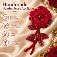 Applique florale brodée à la main en satin perlé bordeaux, motif rose, à coudre, pour vêtements, sacs, décoration intérieure, artisanat DIY