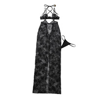 Nouvelle collection 2026 : Ensembles de lingerie sexy en dentelle florale transparente, robe longue licou, soutien-gorge à armatures, string découpé – Trois pièces, vente en gros, marque privée