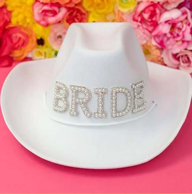 Go Party Bachelorette Party MRS BRIDE GROOM Brief Cowgirl Hut Braut Hochzeit Cowboy Hüte Strass Perle Summer Beach Hüte