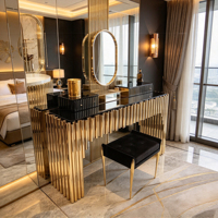 Table de maquillage de luxe en acier inoxydable doré avec miroir et tiroirs Coiffeuse longue et étroite pour chambre Design glamour