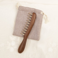 Peigne de massage des méridiens de la tête en cuivre et bois, peigne à dents fines pour méridiens, aiguilletage, gua sha, relaxation du cuir chevelu