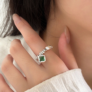 <b>Silver</b> Ruitai S925 Sterling <b>Silver</b> Emerald <b>Ring</b> Square Geometric Design <b>Adjustable</b> For Women - Product Image 3