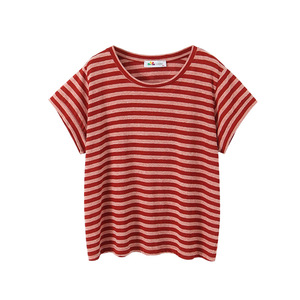 Camiseta Retro a Rayas de Algodón y Bambú Runqi N8731 para Mujer, Transpirable, de Manga Corta, en Rojo, Amarillo y Azul Denim - Product Image 4