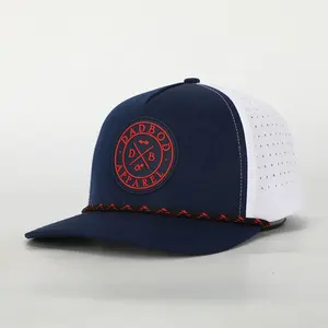 Özel 5 Panel kauçuk PVC yama logosu halat baba şapkası, su geçirmez lazer kesim delikli delikli Gorras, performans spor beyzbol şapkası