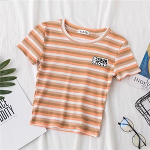 Casual O-Neck Women's Crop <strong>Top</strong> T-Shirt 95% Cotton 5% Spandex Sweet Slim Fit <strong>Rainbow</strong> Striped Design - Product Image 1