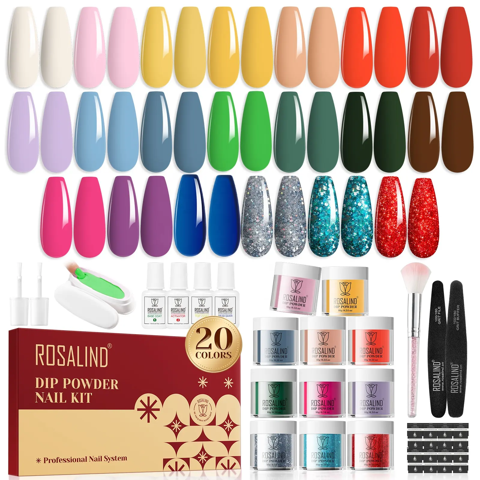 ROSALIND peralatan manikur lengkap, Kit kuku bubuk celup warna Glitter semua dalam satu Logo kustom Salon pemasok kuku dengan Set alat manikur lengkap
