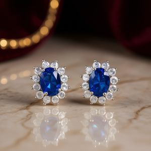 ต่างหูเพชรทรงรีสีน้ำเงินคลาสสิก ดีไซน์ดอกไม้ ประดับเพชรแบบกรงเล็บ สำหรับผู้หญิง เครื่องประดับงานแต่งงาน วัสดุทองแดง E692 - Product Image 2