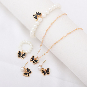 Ensemble de bijoux fantaisie plaqué or 14 carats, pendentif papillon, bracelet de perles, boucles d'oreilles, collier, cadeau de mariage, accessoires unisexes pour femmes - Product Image 1