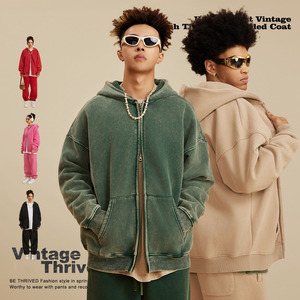 Venta al por mayor de ropa de calle unisex, sudadera de gran tamaño 355GSM, sudadera con cremallera completa, Sudadera con capucha con cremallera y lavado ácido, logotipo personalizado, Sudadera con capucha para mujer - Product Image 1