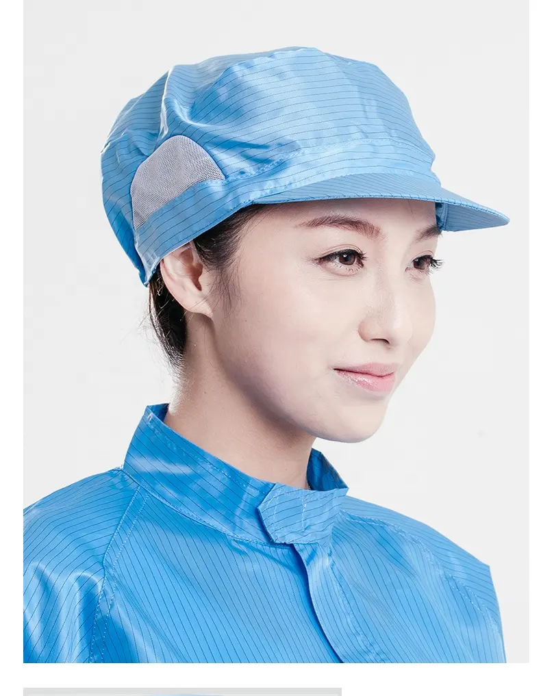 在庫食品工場労働者帽子布生地つば帯電防止ストライプ帽子