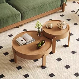 Cream Colored Coffee Table Round <b>Combination</b> Solid Wood Legs Nordic Style Living Room Modern Table - Product Image 3
