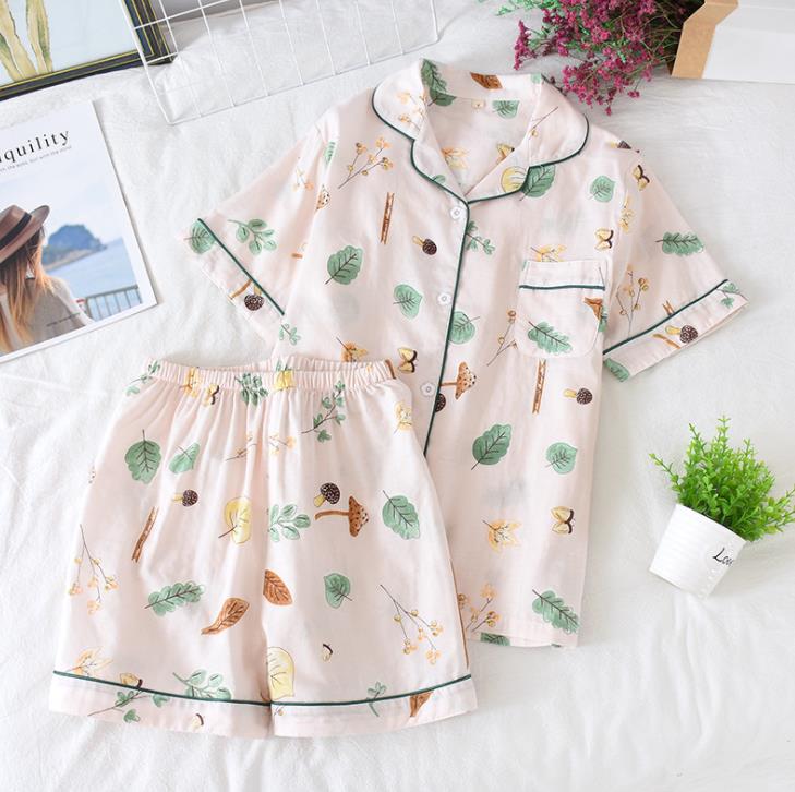 Women cotton floral printing pajamas set thin cotton gauze sleepwear