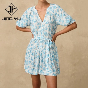 Vestido Elegante de Alta Calidad para Mujer, Estampado Playero, Cuello en V, Mangas Abullonadas Holgadas, Cintura Ajustada, 100% Rayón Voile, Mini Vestido - Product Image 4