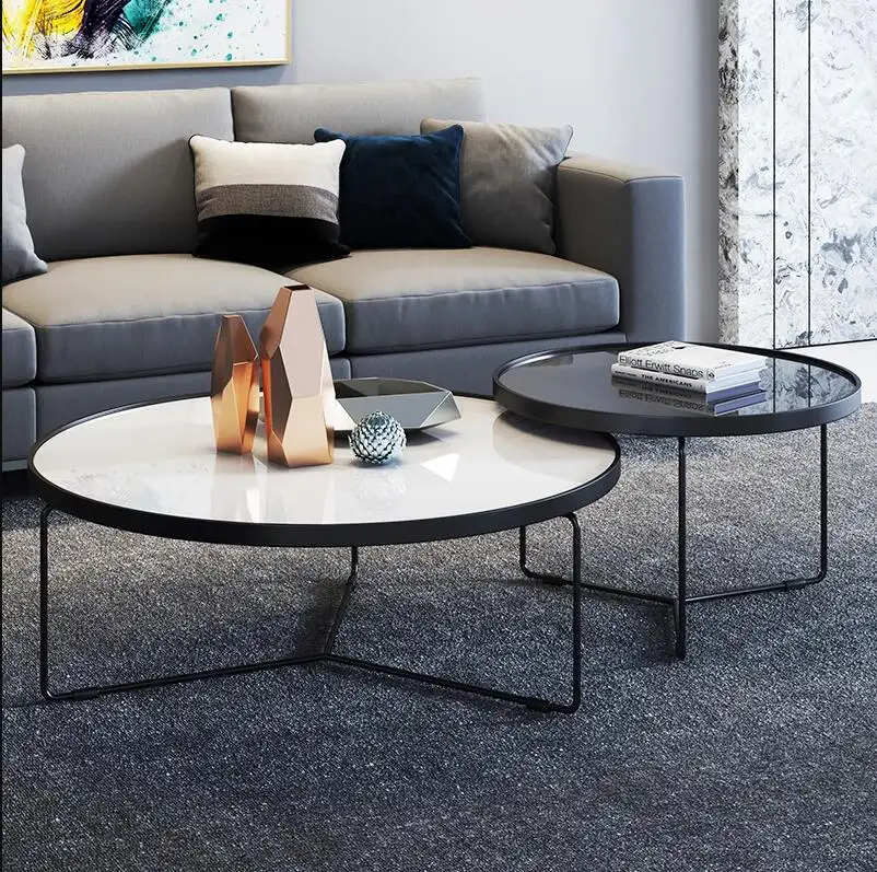 Luxus moderne Zeit möbel mit Metall minimalist ischen Stil Wohnzimmer Verpackung runden Eisen gehärteten Couch tisch