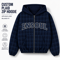 Sweat à capuche zippé personnalisé à carreaux pour homme, couleur unie, avec broderie appliquée, coupe ample, style streetwear, vêtement d'extérieur automne
