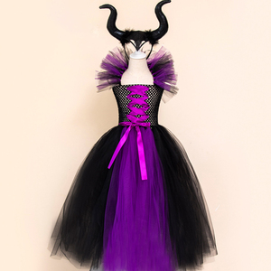 Disfraz de Maléfica para Niñas, Disfraz de Bruja, Disfraz de Reina Malvada, Disfraz de Halloween, Carnaval, Cosplay, Vestido de Tul con Volantes y Cuernos - Product Image 6