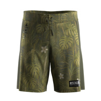 Shorts de plage unisexes vert olive, motif floral Monstera, poche arrière à rabat, œillets métalliques intégrés, panneaux latéraux en maille, séchage rapide