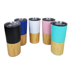 20oz Custom Logo Double Wall Stainless Steel And Natural Bamboo Tumbler Cup With Lid
