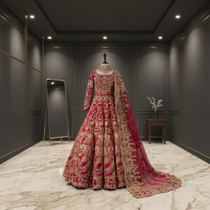 Luxurious Red Embroidered Georgette Ball Bridle Gown Dress With Jewel Neck Full Sleeve And Beading For <b>Wedding</b> Occasion - Product Image 3