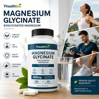 Capsules de glycinate de magnésium en gros, complément alimentaire végétarien à base de bisglycinate de magnésium, conditionnement en flacon