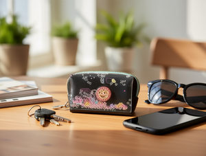 Portamonete da donna con faccina sorridente, mini portafoglio con chiusura a cerniera da 5 pollici, con cinturino da polso, in pelle sintetica in microfibra - Product Image 2