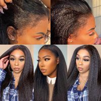 Perruque frontale transparente en dentelle, longue, Yaki Kinky Straight, en cheveux humains naturels, pour femmes noires, cheveux humains bruts