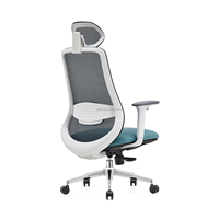 Chaise de bureau ergonomique moderne en maille, cadre blanc, maille noire, coussin turquoise avec appui-tête et accoudoirs pour bureau à domicile
