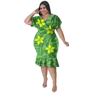 Pacific Island Art Design Plus Size Women's Dresses Petal Short Sleeve Professional Dresses Mid Length Mermaid Evening Dresses