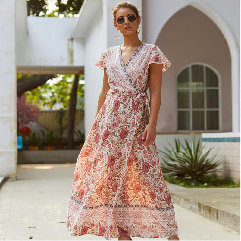 Looking up chic women bohemian casual maxi beach dress