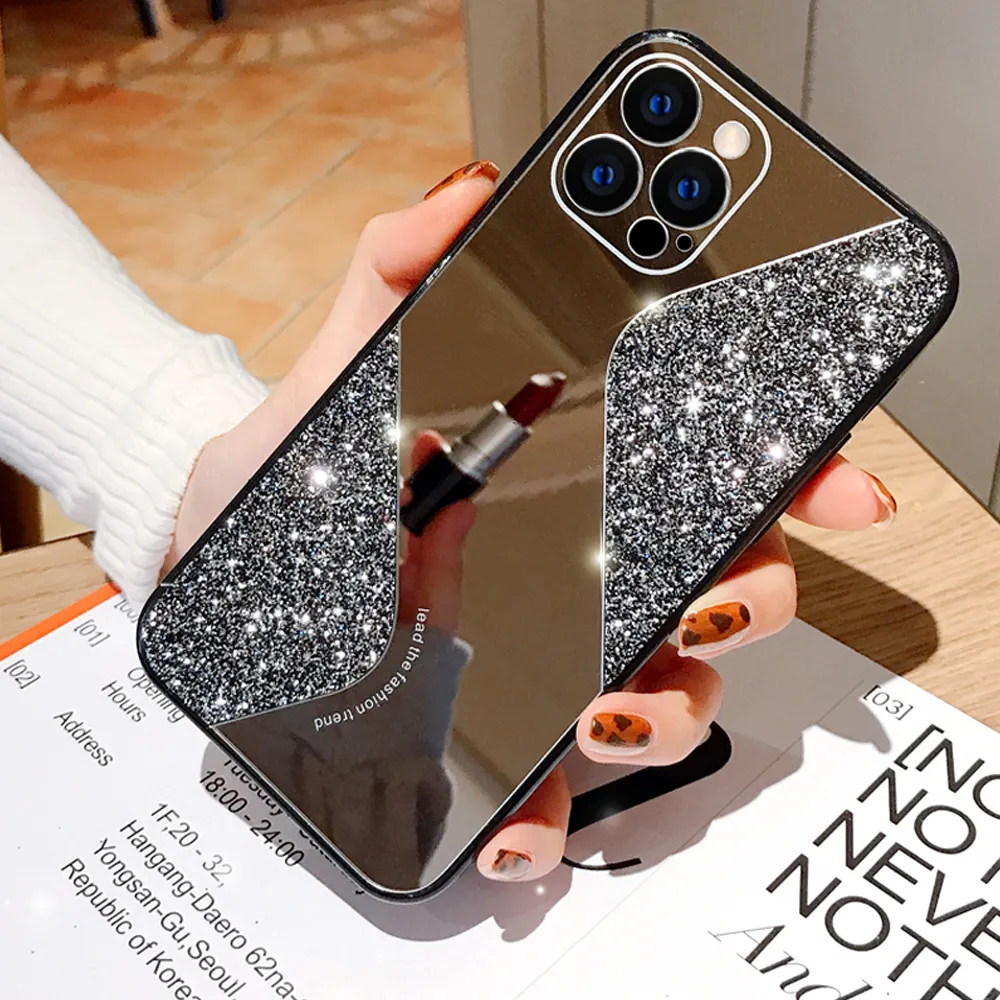 Luxus OEM Bling Glitter TPU Handy hülle Rückseite mit Spiegel ansicht für iPhone 6 7 8 X XS 11 12 13 Pro max