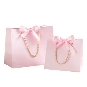 High quality wholesale custom print logo luxury ribbon handle shopping small paper gift bags for jewelry bag pouch gift