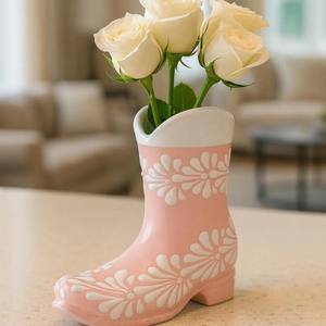 Jarrón de Cerámica en Forma de Bota Vaquera, Color Rosa y Blanco, <span class=keywords><strong>Talavera</strong></span>, Hecho a Mano, para Regalos y Decoración del Hogar - Product Image 2