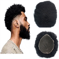 Toupet sur mesure en cheveux indiens avec base en dentelle, densité 130%, boucles afro, longueur 6 pouces pour hommes noirs