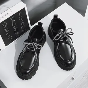 Wholesale High Quality Casual Shoes Pu Leather Sneakers Thick Bottom Black Leather Shoes