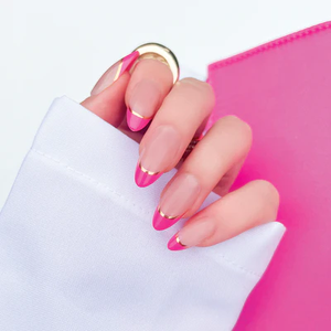 <span class=keywords><strong>Uñas</strong></span> Postizas de Estilo Salón, Color <span class=keywords><strong>Rosa</strong></span> Intenso, Punta Francesa, Borde <span class=keywords><strong>Dorado</strong></span>, Base Nude Brillante, Almendradas Medianas, Reutilizables, Marca Privada - Product Image 2