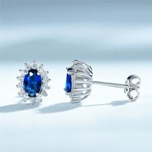 Pendientes de Botón Ovalados de Plata de Ley 925 de Lujo con Zafiro, Joyería de Compromiso y Boda con Circonita Azul para Mujer, Venta al por Mayor - Product Image 3