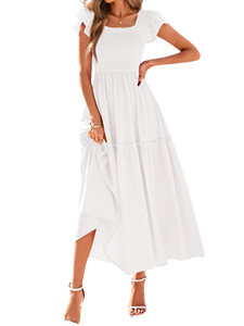 Vestido Boho <span class=keywords><strong>de</strong></span> Cintura Alta con Volantes <span class=keywords><strong>para</strong></span> Mujer, Vestido Midi Fluido con Cuello Redondo <span class=keywords><strong>para</strong></span> Verano, Vestido <span class=keywords><strong>de</strong></span> Playa <span class=keywords><strong>para</strong></span> Vacaciones, Vestido <span class=keywords><strong>de</strong></span> Verano con Mangas con Volantes, Elegante, Blanco - Product Image 1